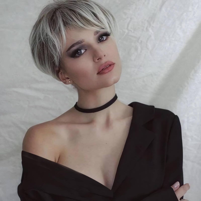 MIMAN Pixie Cut Wig Short Blonde Wigs with Bangs Fluffy Layered Synthetic Hair Replacement Wig Mommy Wigs Short Hair Styles for Women Blonde Mixed Brown